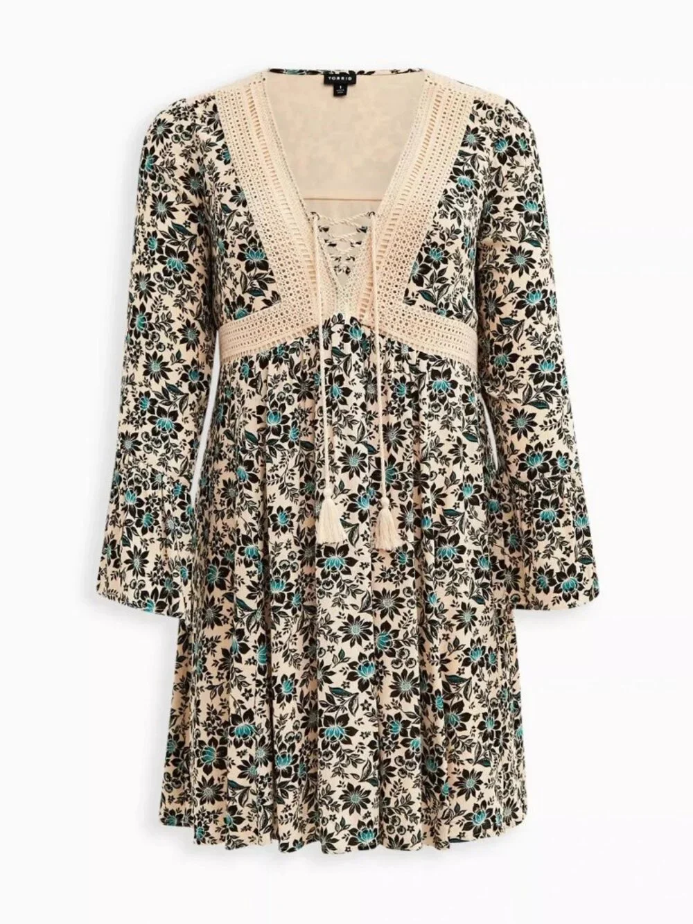 Torrid Mini Gauze Lace-Up Floral Skater V Neck Dress Beige 1 1X 14 16 NWOT - Picture 1 of 7
